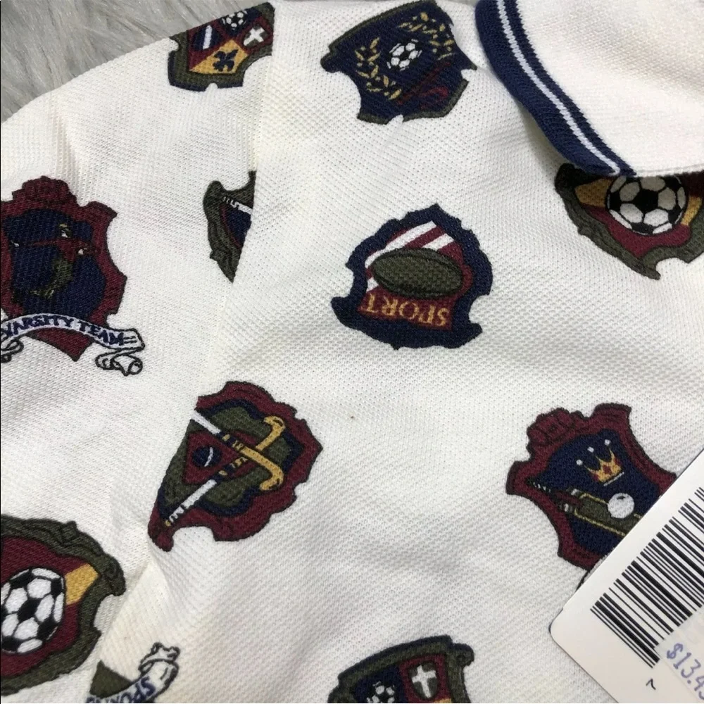 Vintage Oshkosh Bgosh Boys White Polo Long Sleeve Sport Academy Print